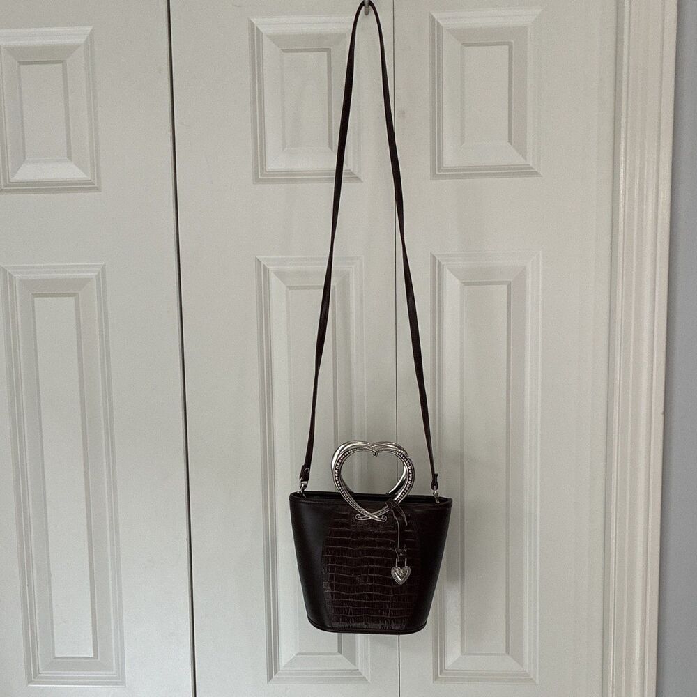 Brown Croc-Embossed Bucket Shoulder Bag Heart Handle Charm Zip Pockets Lined